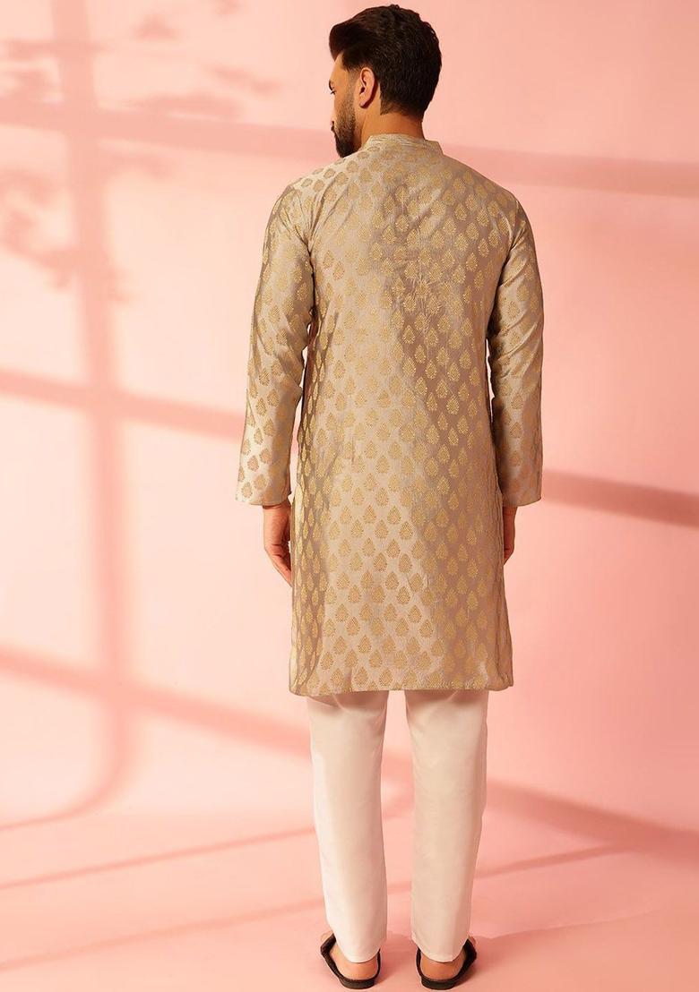 Grey Woven Design Silk Kurta For Men - Indya