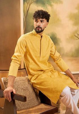Yellow Embroidered Blended Kurta For Men