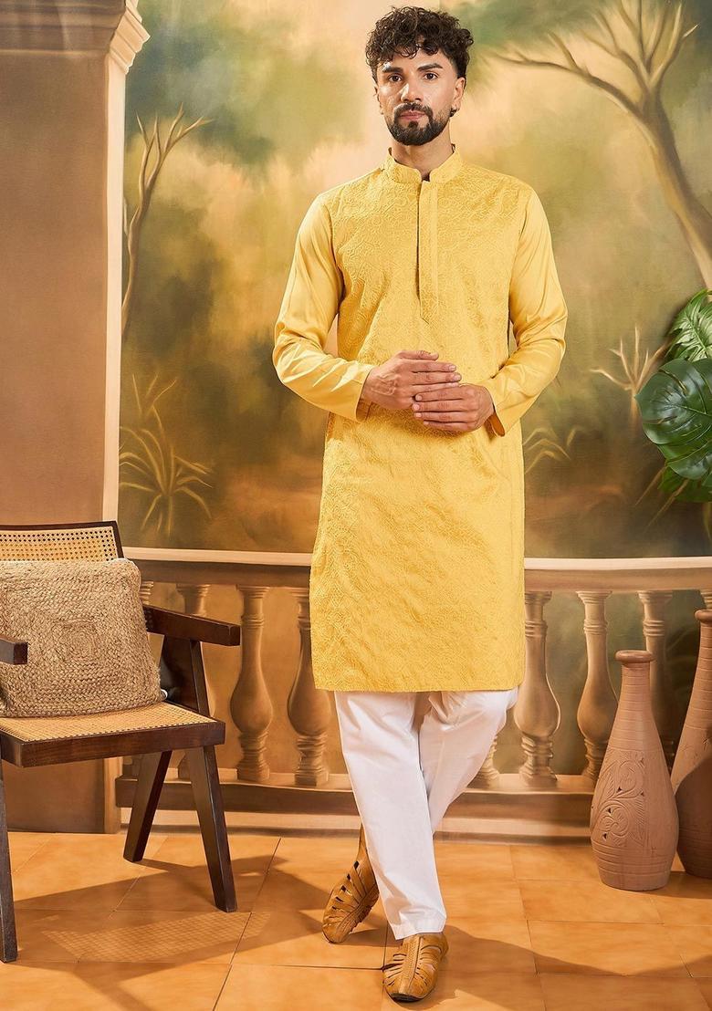 Yellow Embroidered Blended Kurta For Men - Indya
