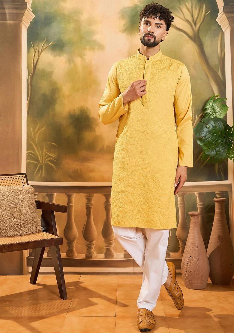 Yellow Embroidered Blended Kurta For Men - Indya