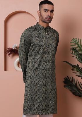 Black Woven Design Silk Kurta For Men