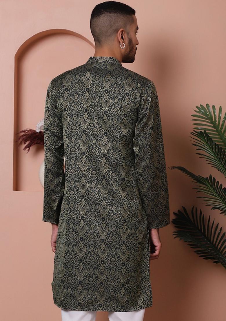 Black Woven Design Silk Kurta For Men - Indya