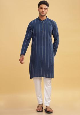 Blue Striped Cotton Kurta For Men