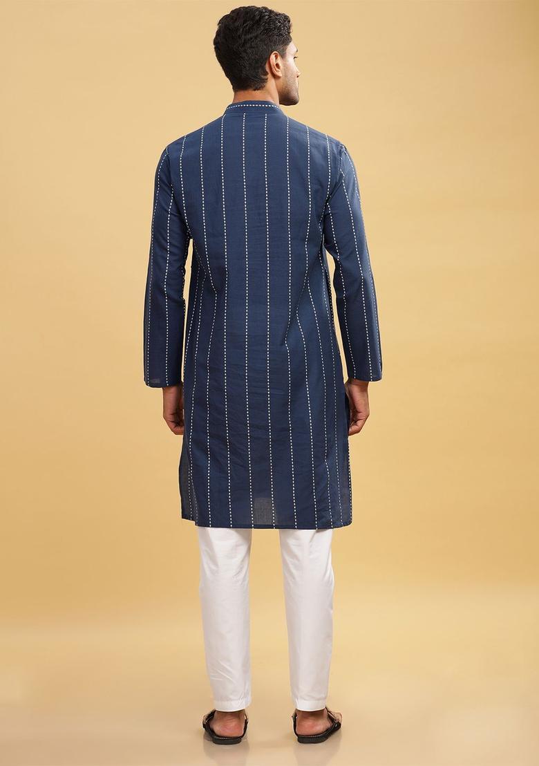Blue Striped Cotton Kurta For Men - Indya