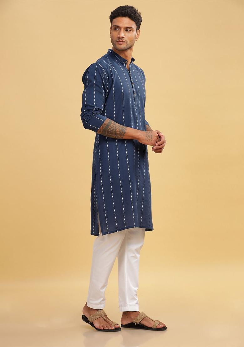 Blue Striped Cotton Kurta For Men - Indya