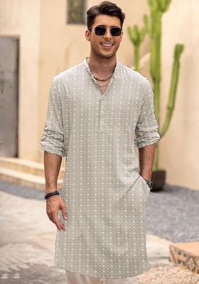 Beige Embroidered Cotton Kurta For Men