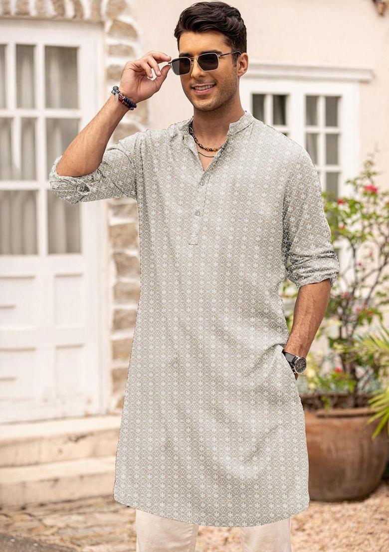 Beige Embroidered Cotton Kurta For Men - Indya