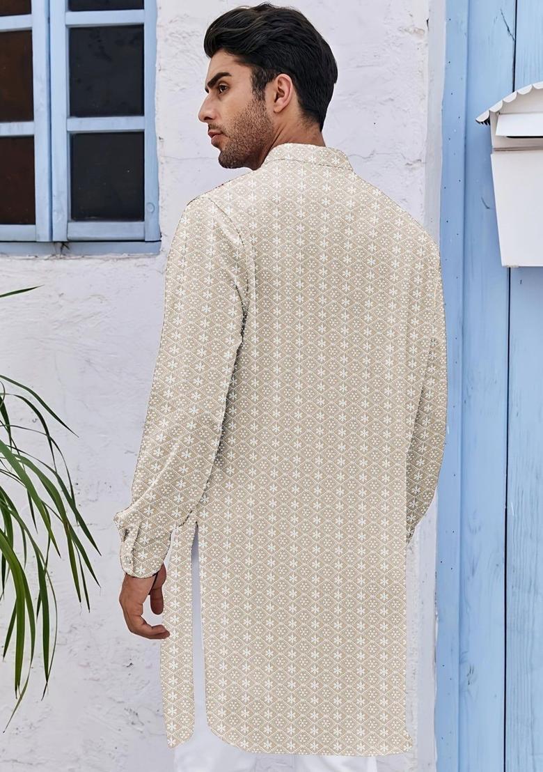 Beige Embroidered Cotton Kurta For Men - Indya