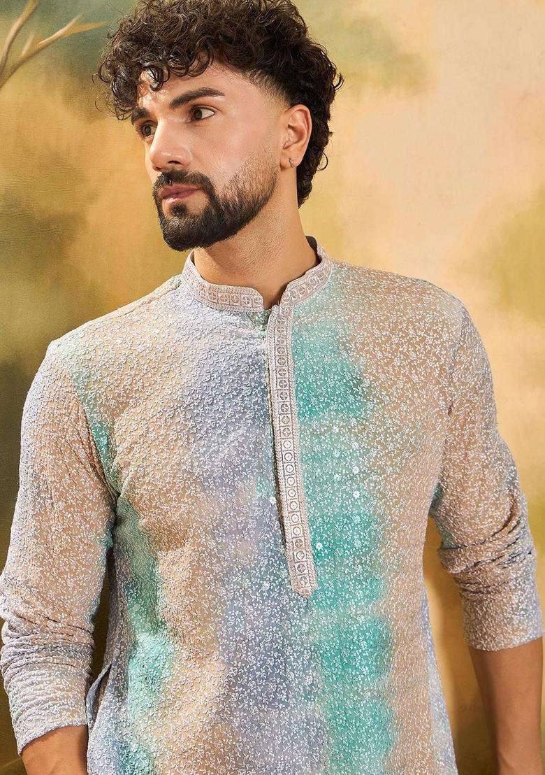 Multi Embroidered Viscose Kurta For Men - Indya