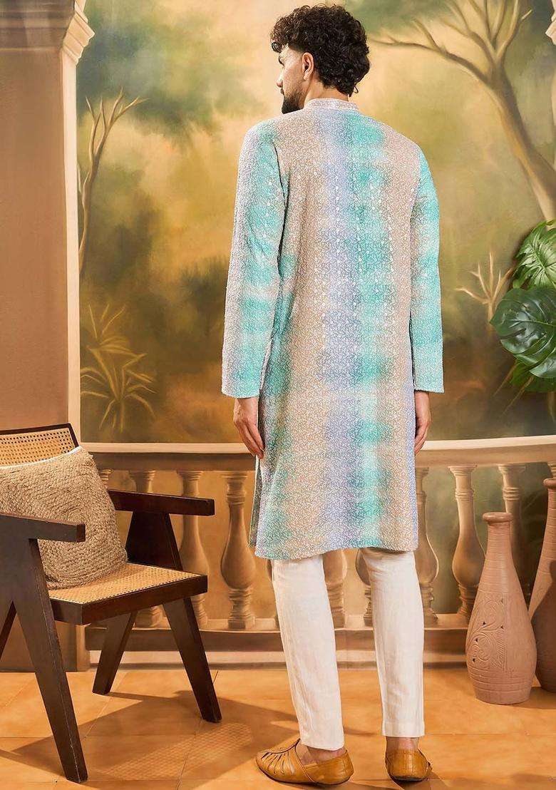 Multi Embroidered Viscose Kurta For Men - Indya