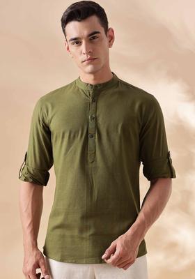 Olive Solid Cotton Kurta For Men