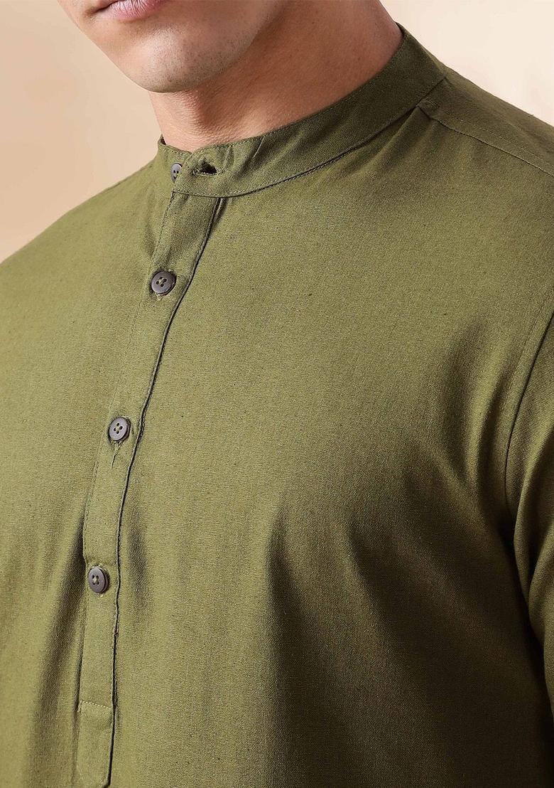 Olive Solid Cotton Kurta For Men - Indya