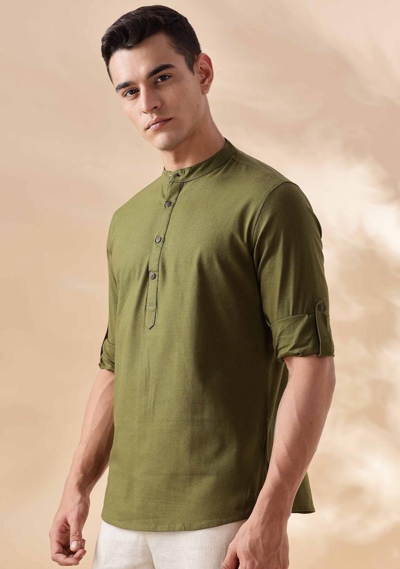 Olive Solid Cotton Kurta For Men - Indya