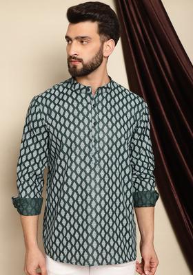 Green Printed Blended Kurta For Men