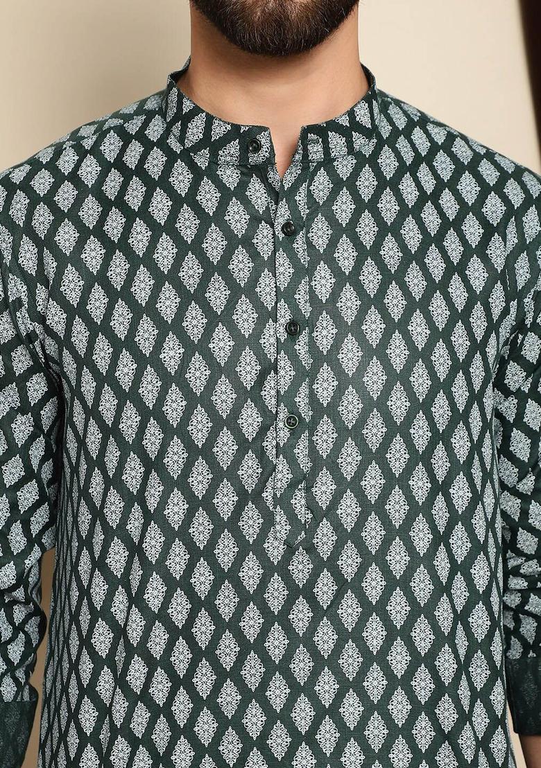 Green Printed Blended Kurta For Men - Indya