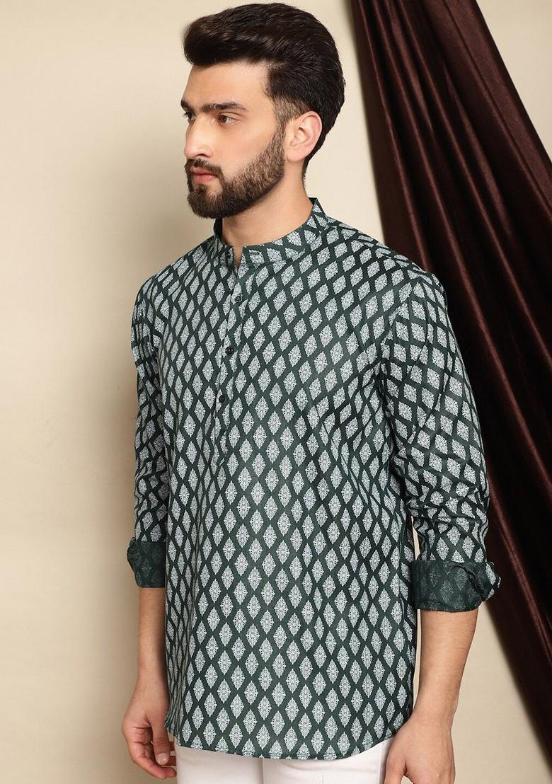 Green Printed Blended Kurta For Men - Indya