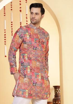 Peach Printed Viscose Kurta For Men