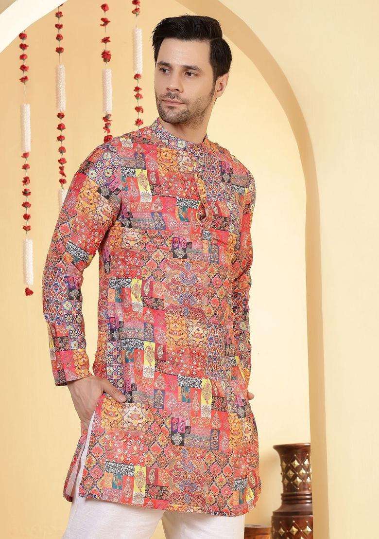 Peach Printed Viscose Kurta For Men - Indya
