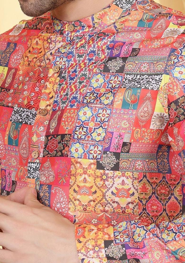 Peach Printed Viscose Kurta For Men - Indya
