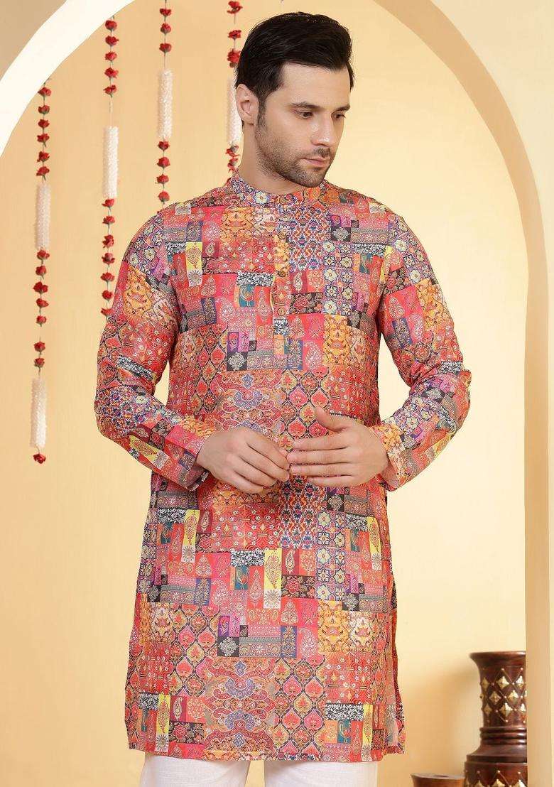 Peach Printed Viscose Kurta For Men - Indya