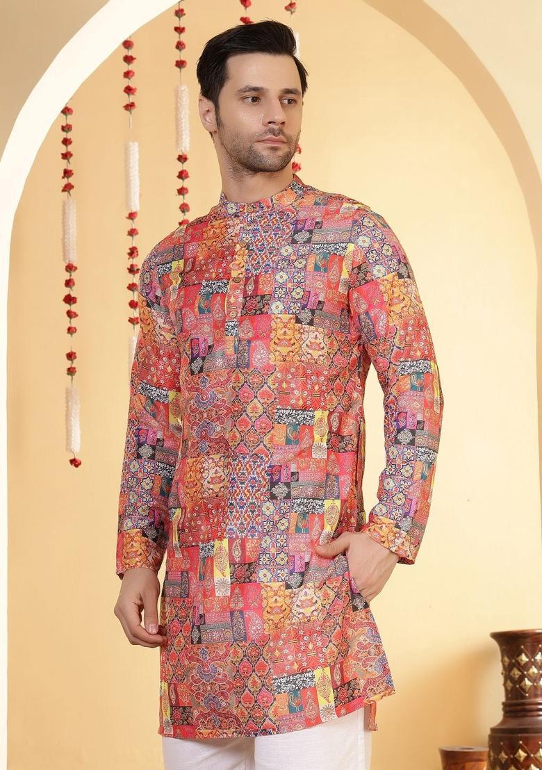 Peach Printed Viscose Kurta For Men - Indya