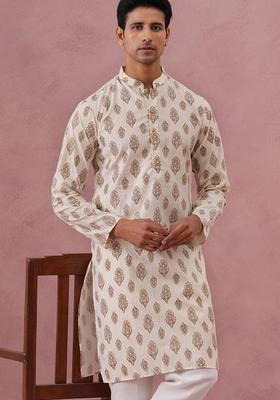 Beige Printed Silk Blend Kurta For Men