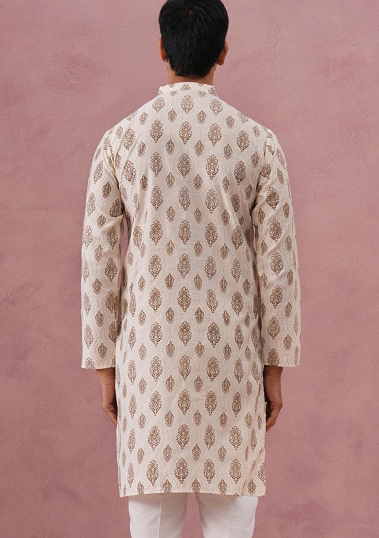 Beige Printed Silk Kurta For Men - Indya