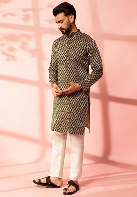 Green Woven Design Silk Kurta For Men