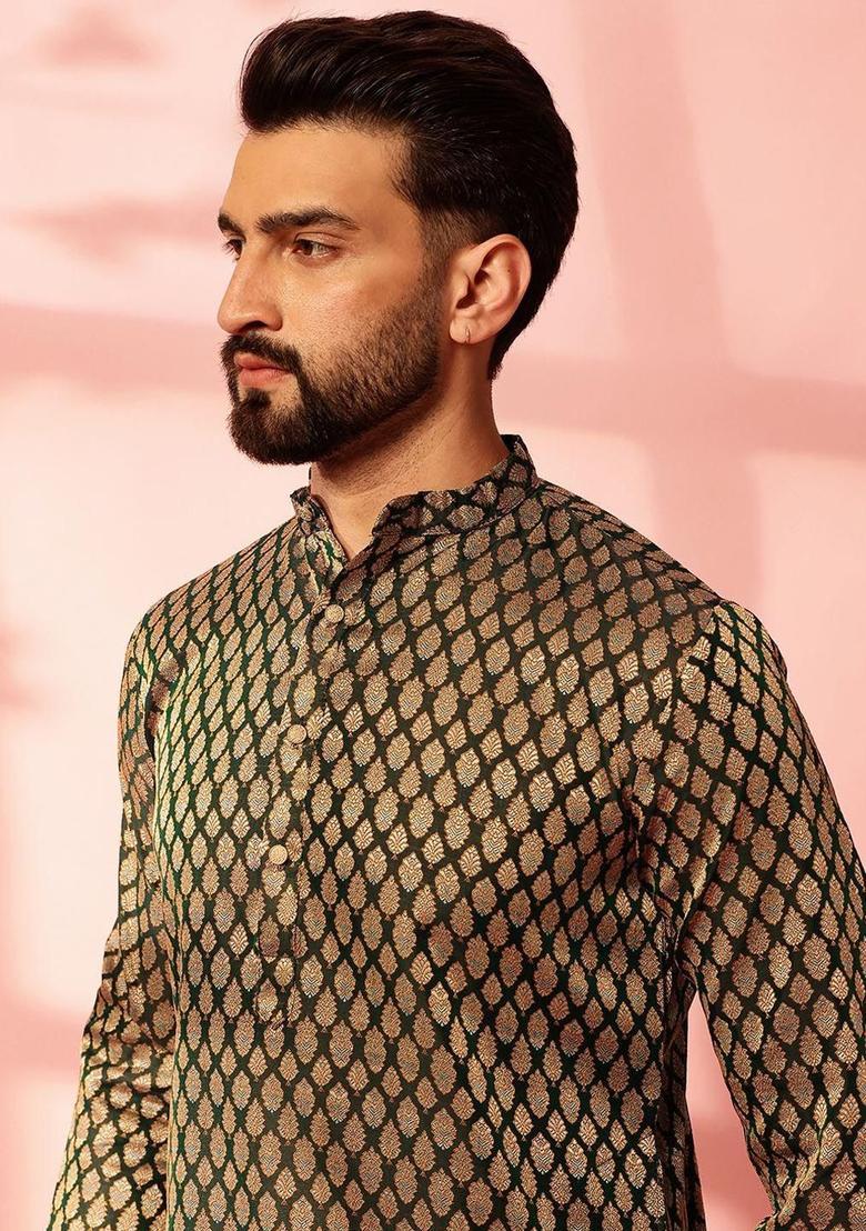Green Woven Design Silk Kurta For Men - Indya