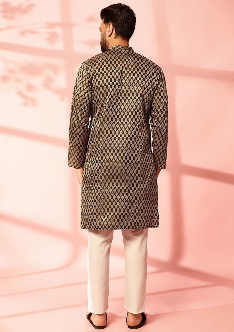 Green Woven Design Silk Kurta For Men - Indya