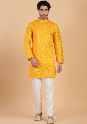 Yellow Embroidered Viscose Kurta For Men