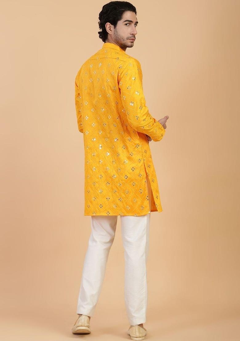 Yellow Embroidered Viscose Kurta For Men - Indya