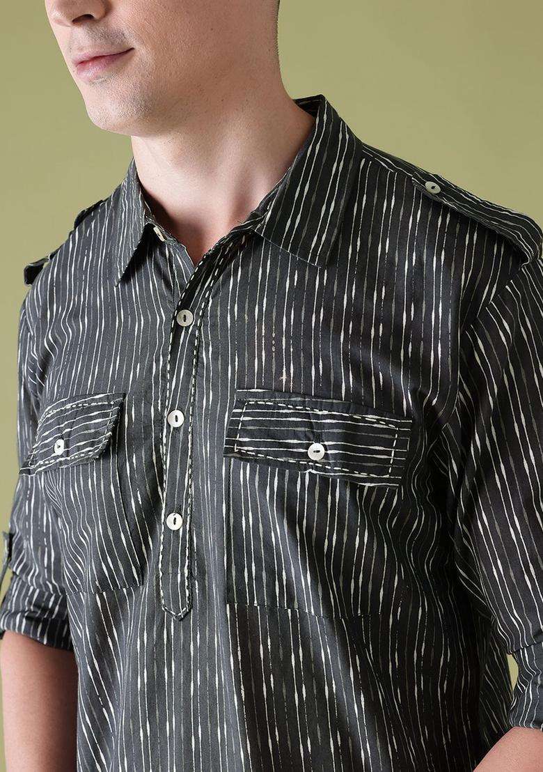 Black Striped Cotton Kurta For Men - Indya