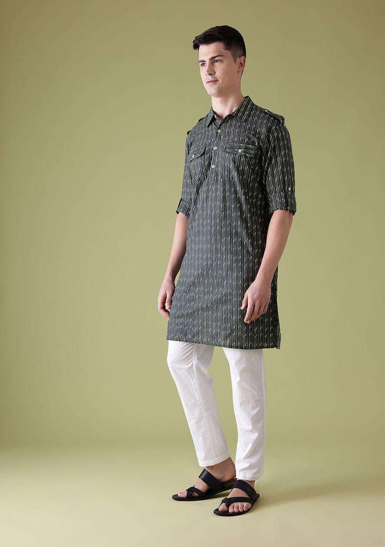 Black Striped Cotton Kurta For Men - Indya