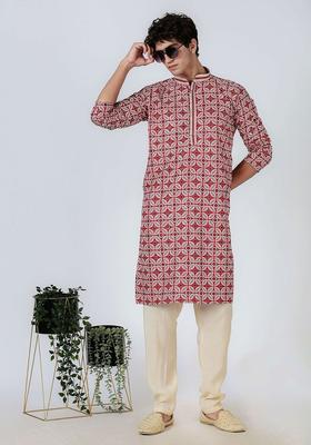 Red Printed Cotton Kurta For Men