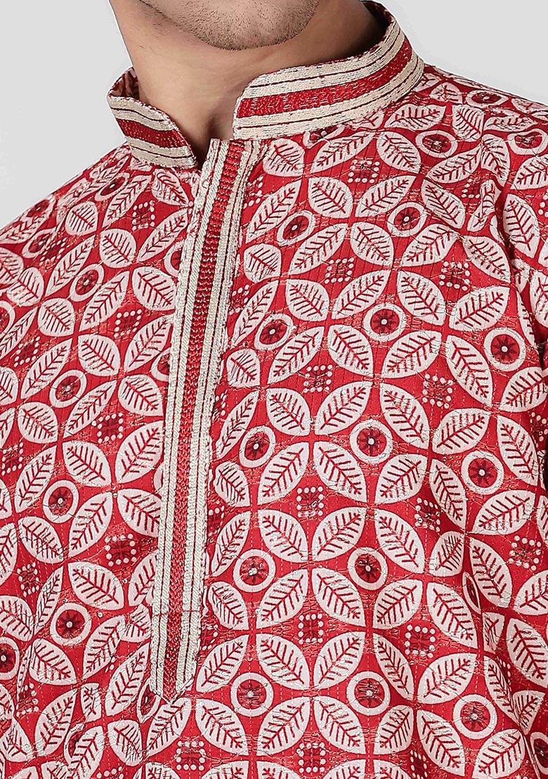 Red Printed Cotton Kurta For Men - Indya