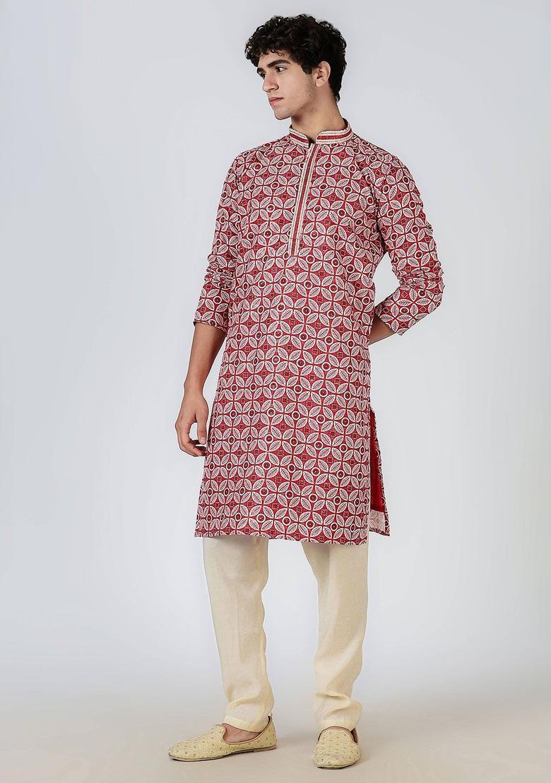 Red Printed Cotton Kurta For Men - Indya