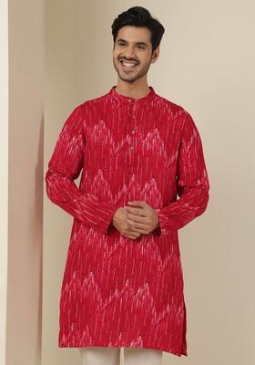 Red Striped Viscose Kurta For Men