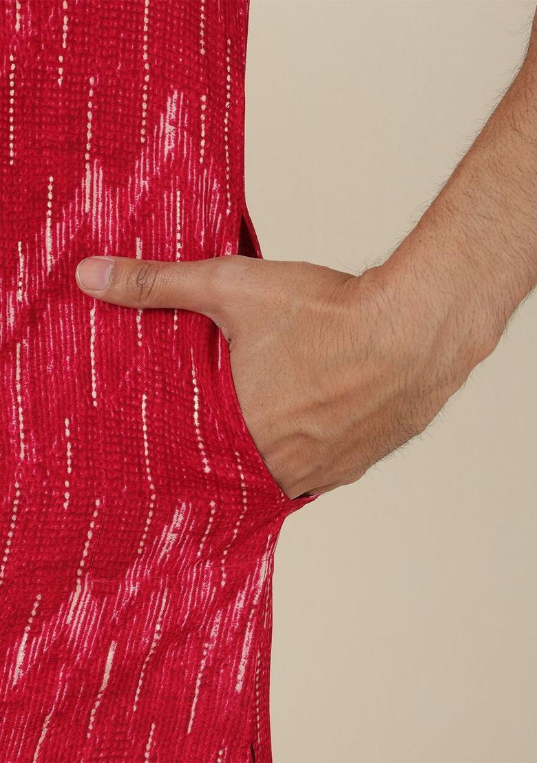Red Striped Viscose Kurta For Men - Indya