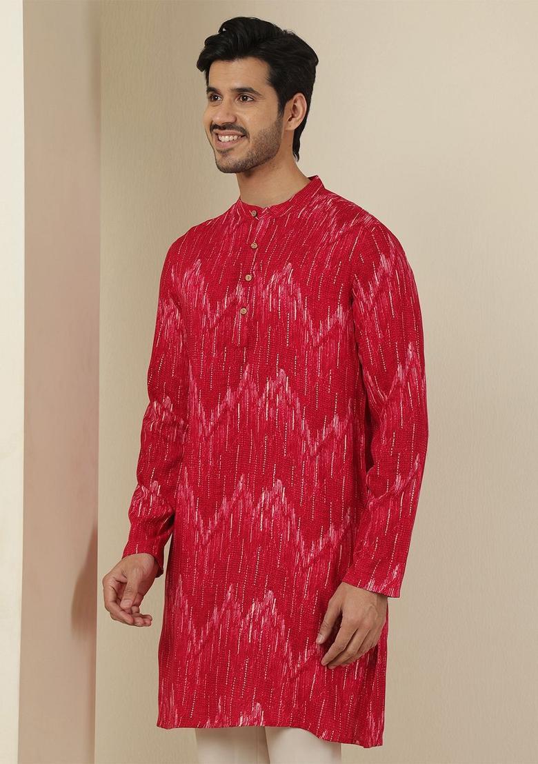 Red Striped Viscose Kurta For Men - Indya