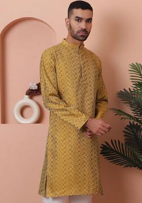 Yellow Printed Silk Blend Kurta For Men