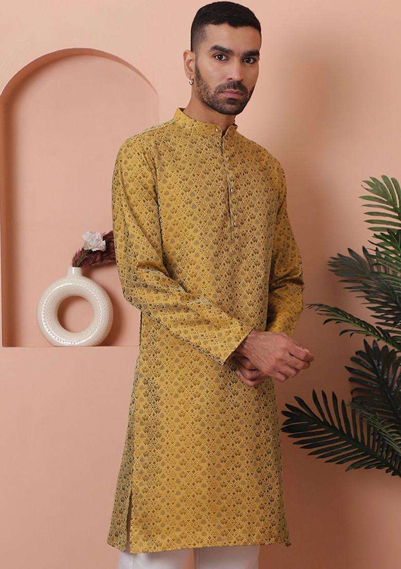 Yellow Printed Silk Blend Kurta For Men - Indya