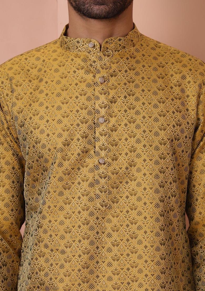 Yellow Printed Silk Kurta For Men - Indya