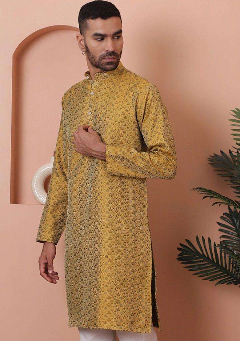 Yellow Printed Silk Blend Kurta For Men - Indya