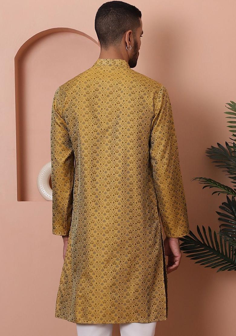 Yellow Printed Silk Kurta For Men - Indya