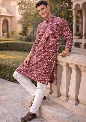 Red Printed Cotton Kurta For Men