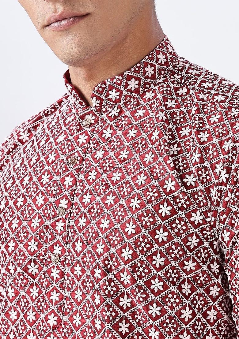 Red Printed Cotton Kurta For Men - Indya