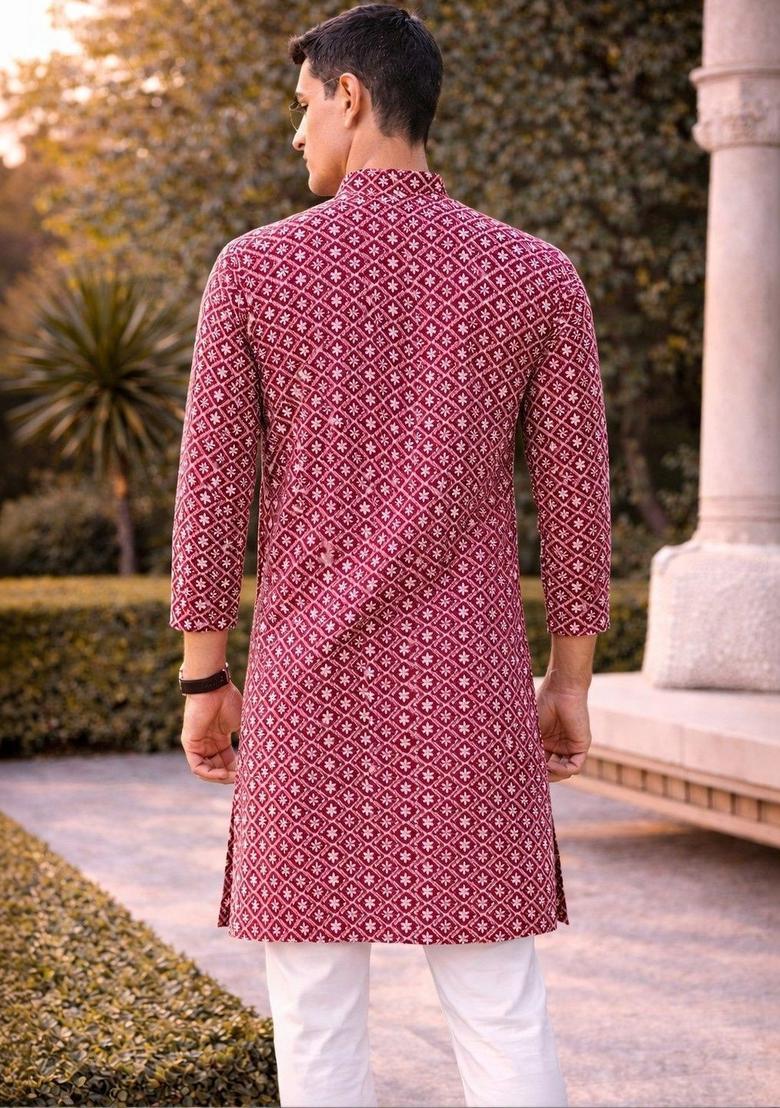 Red Printed Cotton Kurta For Men - Indya