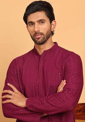Red Embroidered Viscose Kurta For Men