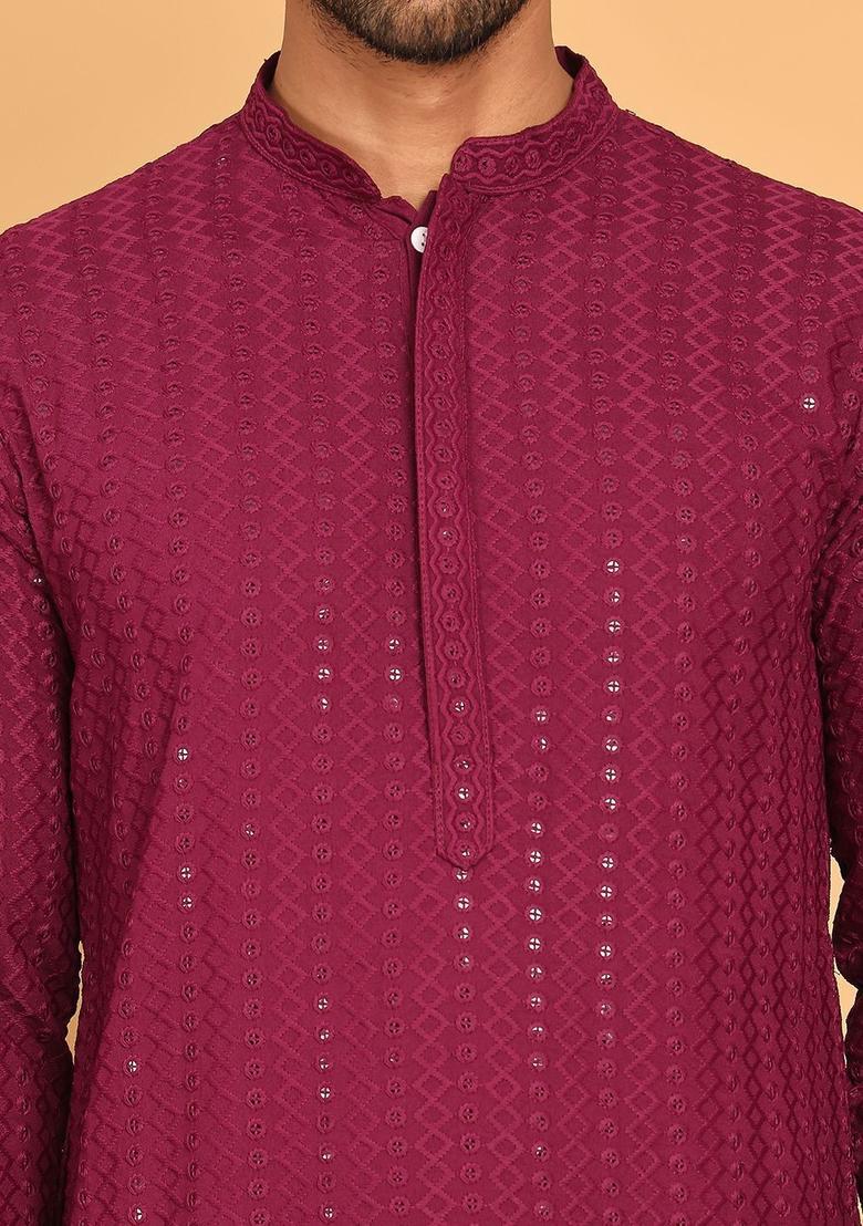 Red Embroidered Viscose Kurta For Men - Indya